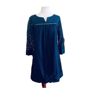 Crown & Ivy Dress Sz 12 Navy Eyelet  3/4 Sleeve Cottage Core